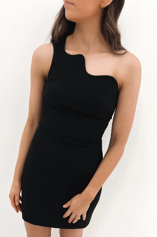 Classic Retro Wave One Shoulder Mini Dress Black