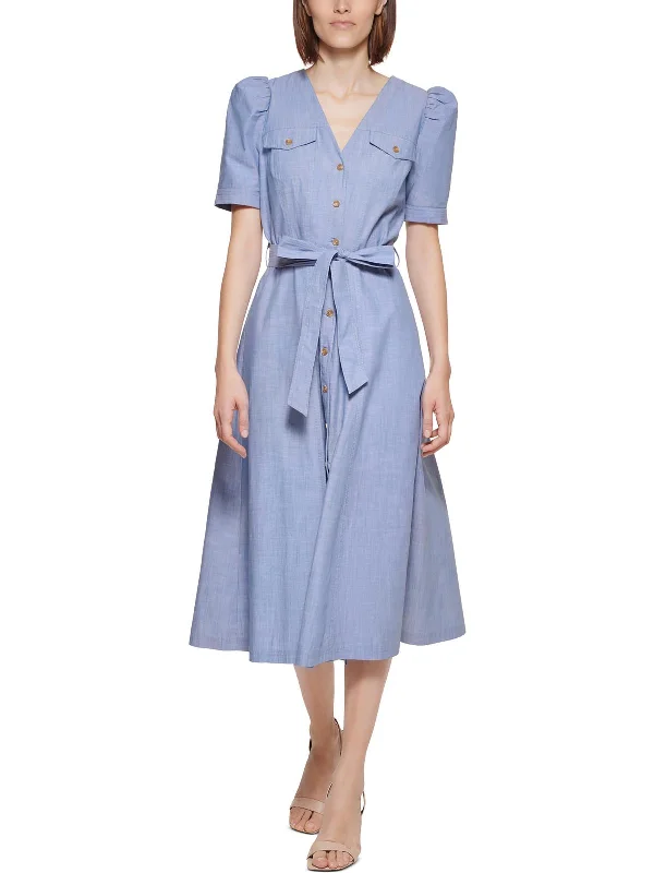 Fashion Innovation Womens Chambray Puff Sleeve Shirtdress