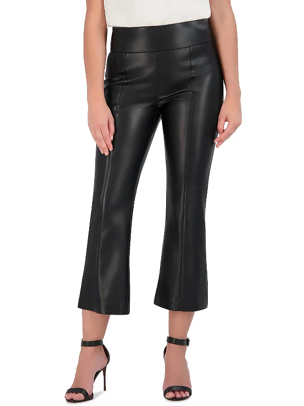 Fashion Expert Womens Faux Leather High Rise Flared Pants